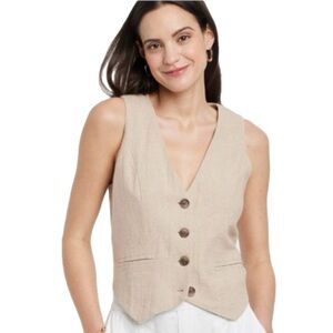 Vtg Club Room Linen Blend Vest Unisex M Tan 5 Button trendy preppy